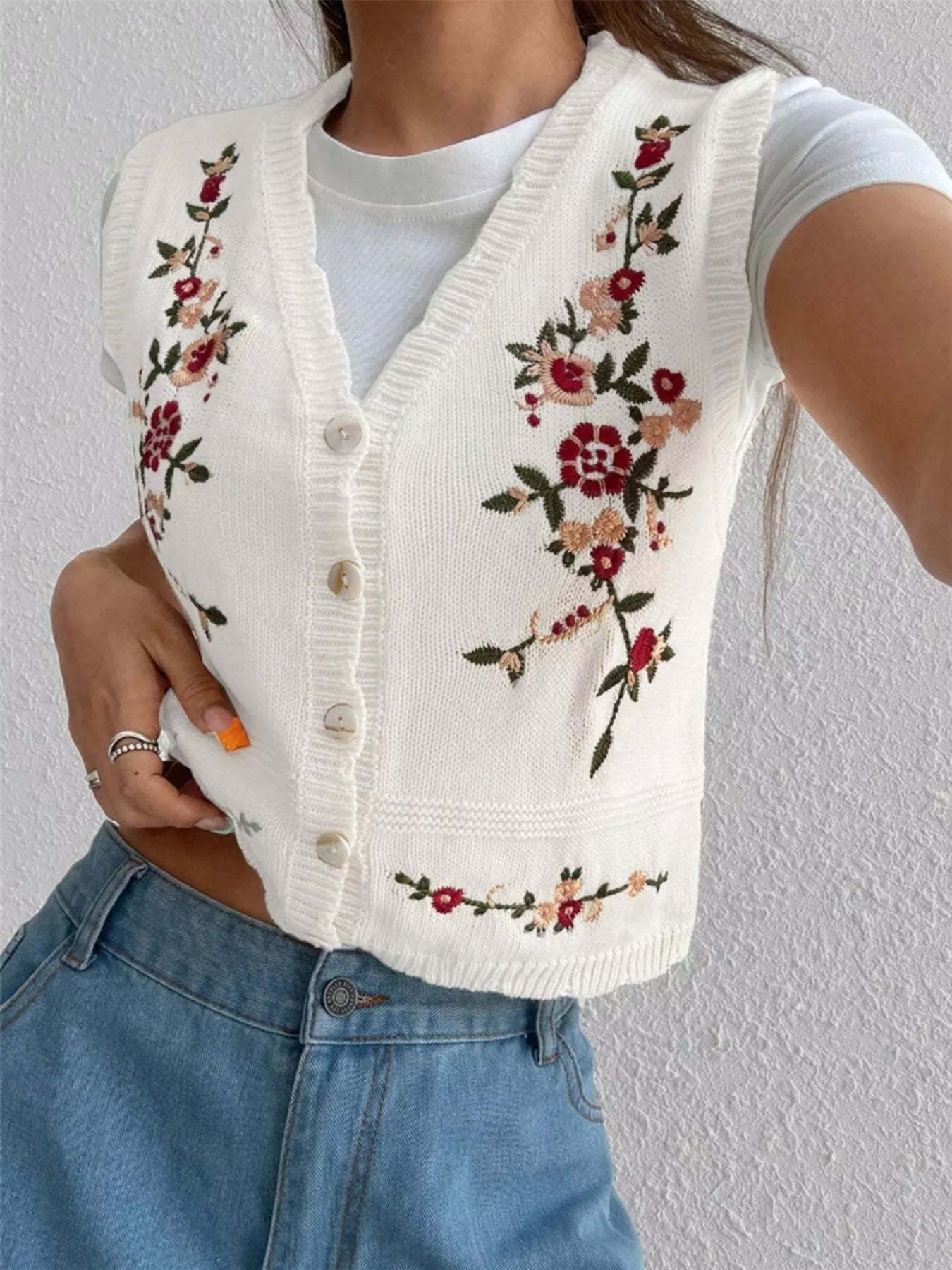 Sarah Express Women's Embroidered Button Up Sweater Vest White