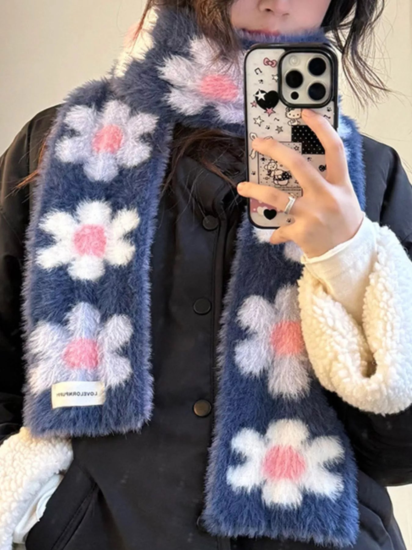 Sarah Express Women's Floral Fuzzy Knit Scarf - Soft Faux Mink Winter Scarf