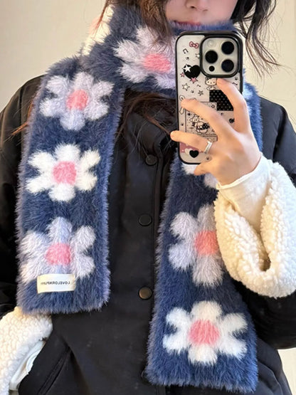 Sarah Express Women's Floral Fuzzy Knit Scarf - Soft Faux Mink Winter Scarf