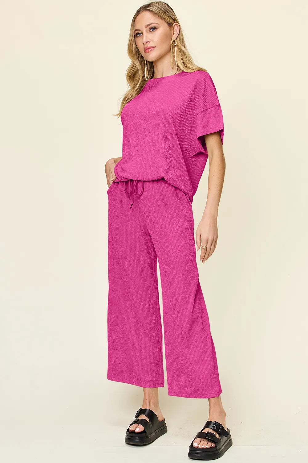 Sarah Express Women's Textured Round Neck Short Sleeve T-Shirt and Wide Leg Pants Set Hot Pink