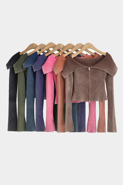 Sarah Express Women's Ribbed Off-Shoulder Zip Up Long Sleeve Cardigan Black M