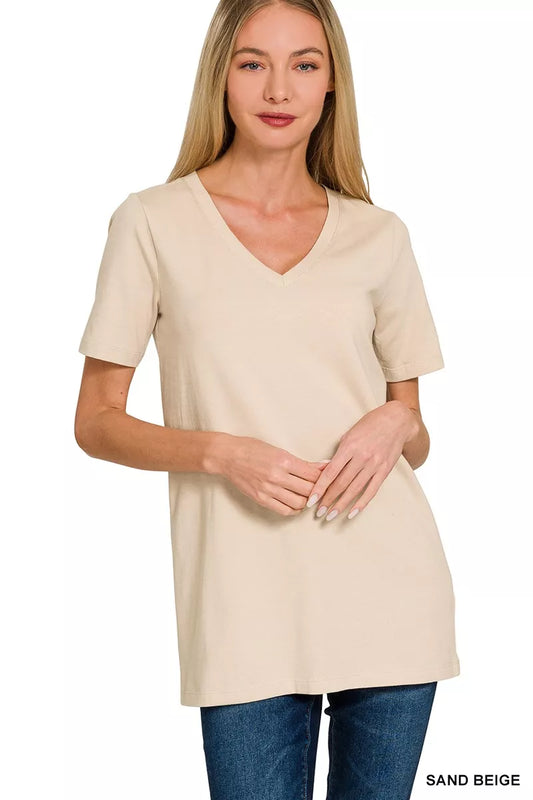 Sarah Express Women's V-Neck Short Sleeve T-Shirt SAND BEIGE