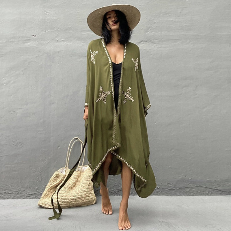 Sarah Express Women's Rayon Embroidered Beach Cover Up Cardigan Sun Protection Swimwear