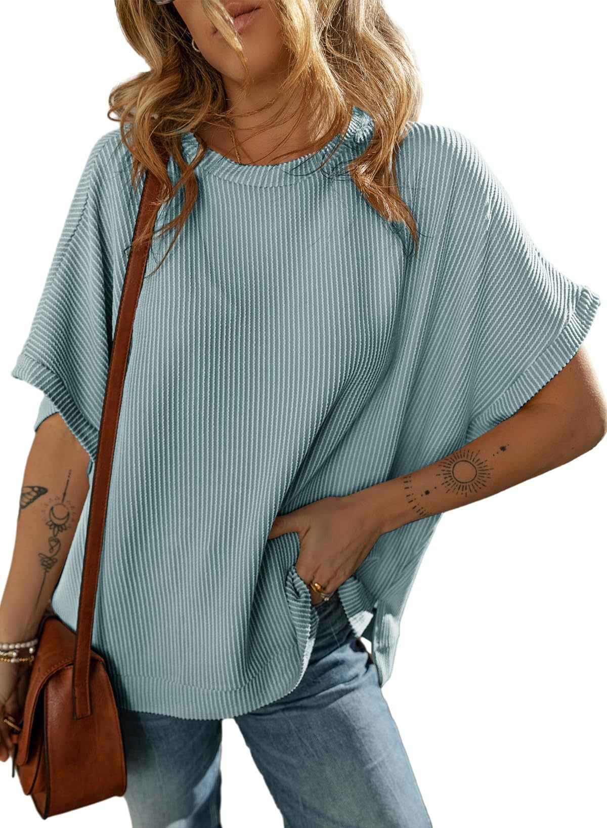 Sarah Express Solid Color Knitted T-Shirt Women's Half Sleeve Loose Casual Pullover Top