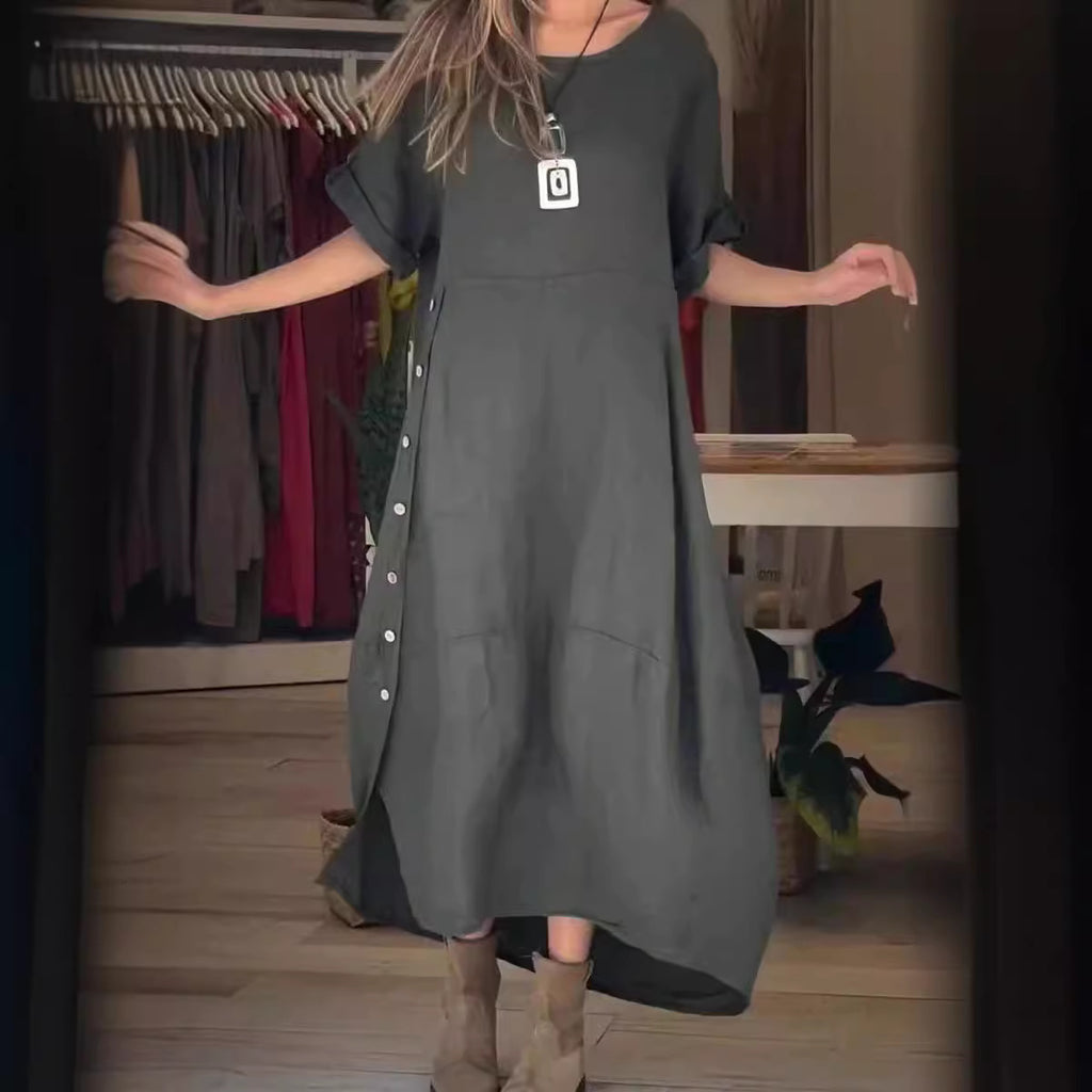 Sarah Express Women's Loose Cotton Linen Maxi Dress Short Sleeve Casual Relaxed Fit
