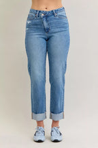 Sarah Express Women’s High Waist Criss-Cross Boyfriend Jeans with Mild Destroy