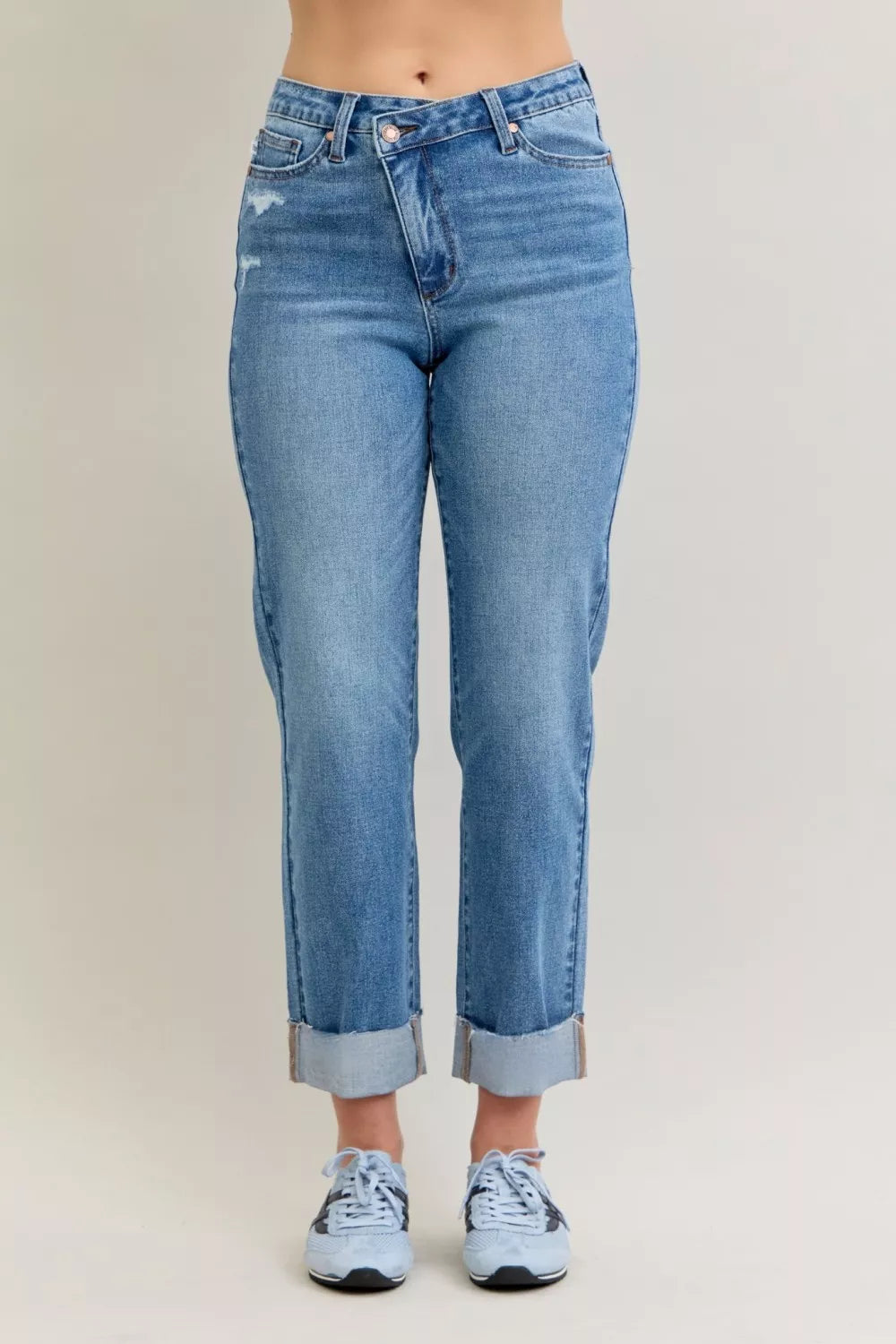 Sarah Express Women’s High Waist Criss-Cross Boyfriend Jeans with Mild Destroy