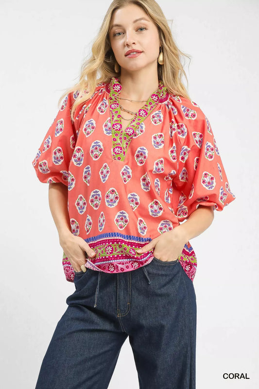 Sarah Express Women's Boho Border Print Peasant Top CORAL