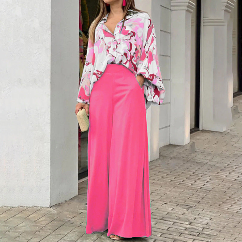 Sarah Express Women's Printed Shirt Wide Leg Pants Set Long Sleeve