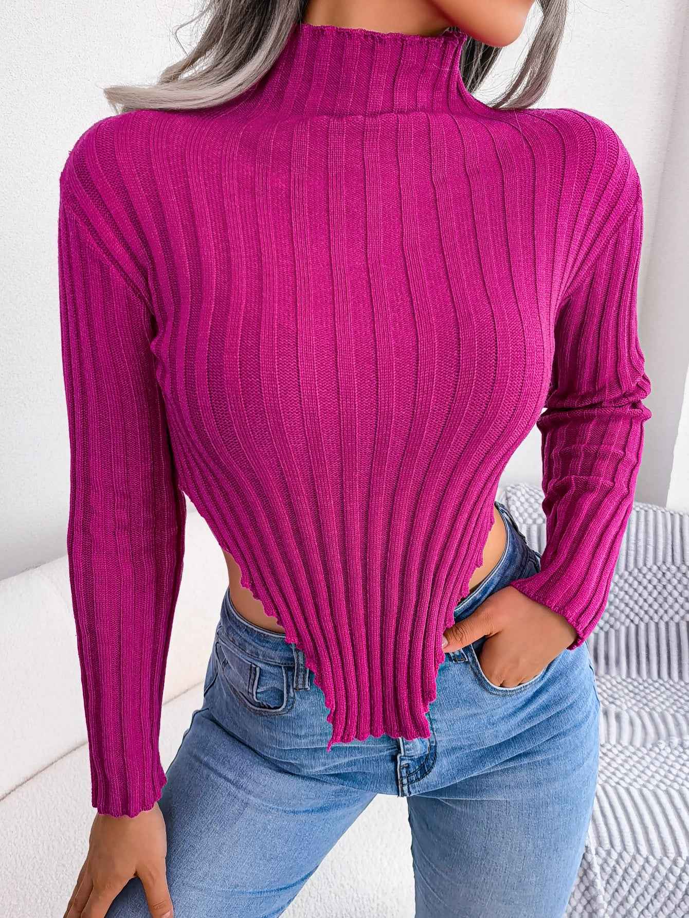Sarah Express Women Sexy Half Turtleneck Asymmetric Long Sleeve Knit Top