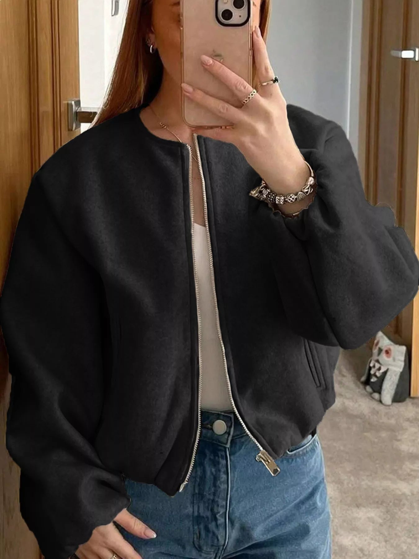 Sarah Express Women's Plus Size Casual Fleece Zip-Up Bomber Jacket Black