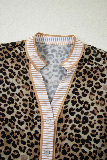 Sarah Express Women's Leopard Print Shirt with Striped Trim - V-Neck Button Down Blouse