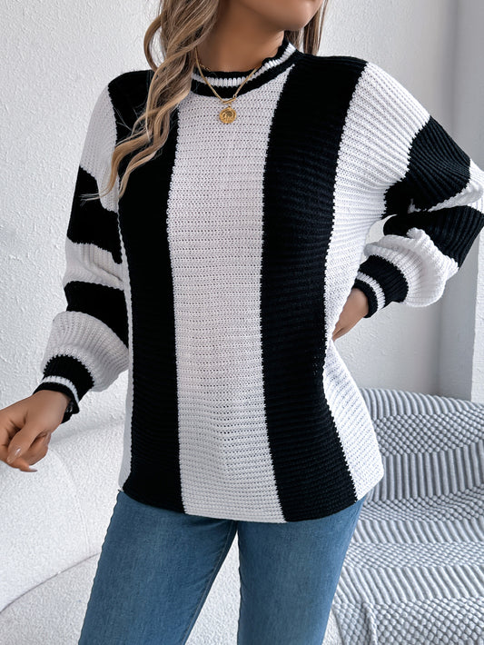 Sarah Express Women's Color Block Stripe Lantern Sleeve Pullover Sweater