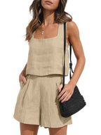 Sarah Express Women's Square Neck Tank and Shorts Set Light Brown