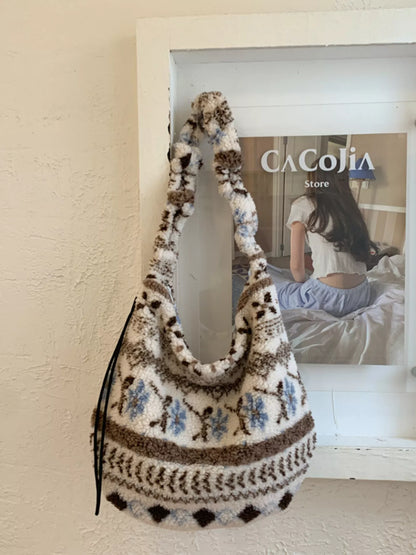 Sarah Express Women's Sherpa Ruched Strap Handbag - Plush Medium Shoulder Bag