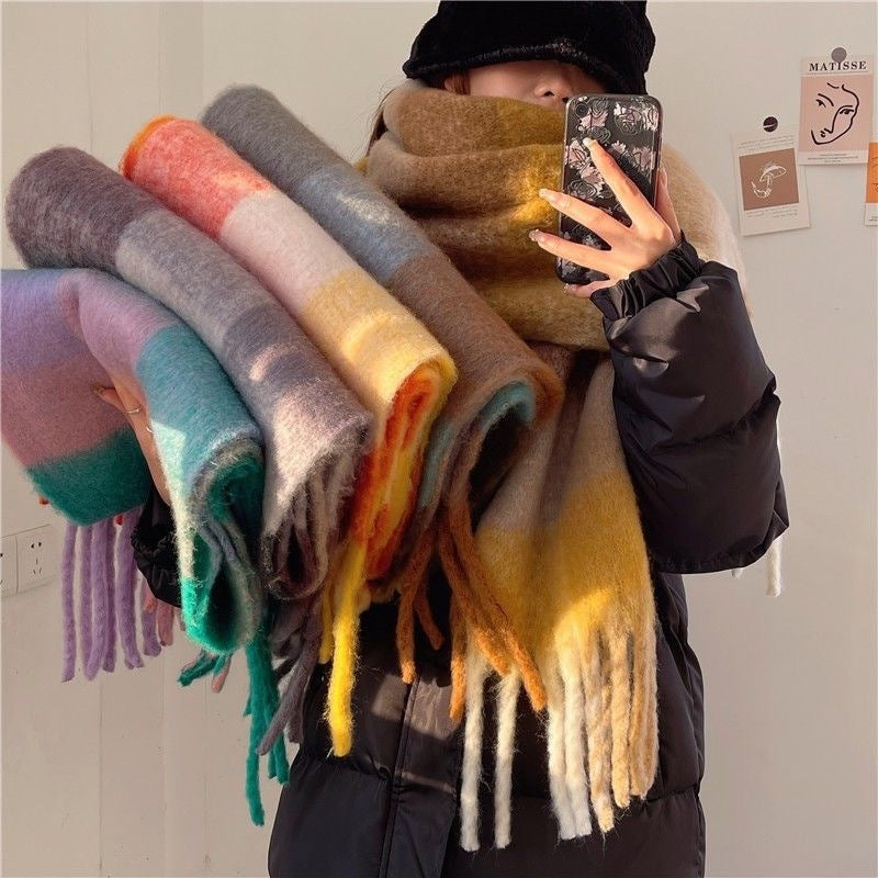 Sarah Express Rainbow Plaid Tassel Scarf Color Block Oversized Shawl Wrap