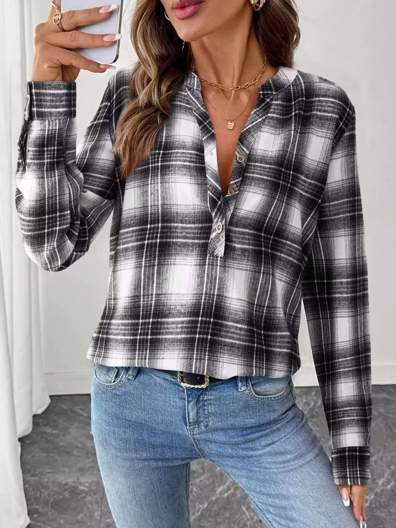 Sarah Express Women's Plaid Half Button Long Sleeve Blouse Black