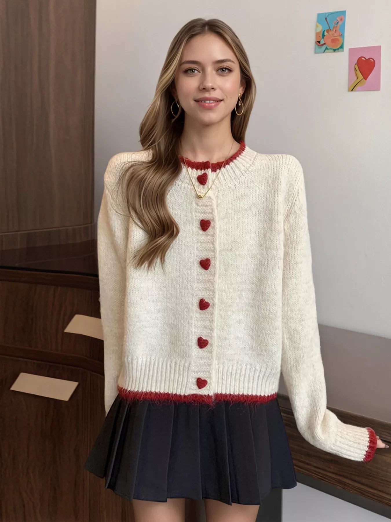 Sarah Express Heart Button Up Knit Cardigan - Contrast Stitch Sweater