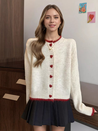 Sarah Express Heart Button Up Knit Cardigan - Contrast Stitch Sweater