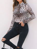 Sarah Express Women's Leopard Print Long Sleeve Mock Neck Bodysuit Brown