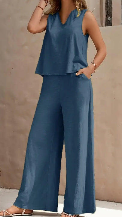 Sarah Express V Neck Tank Top Wide Leg Pants Set with Pockets Sleeveless 2 Piece