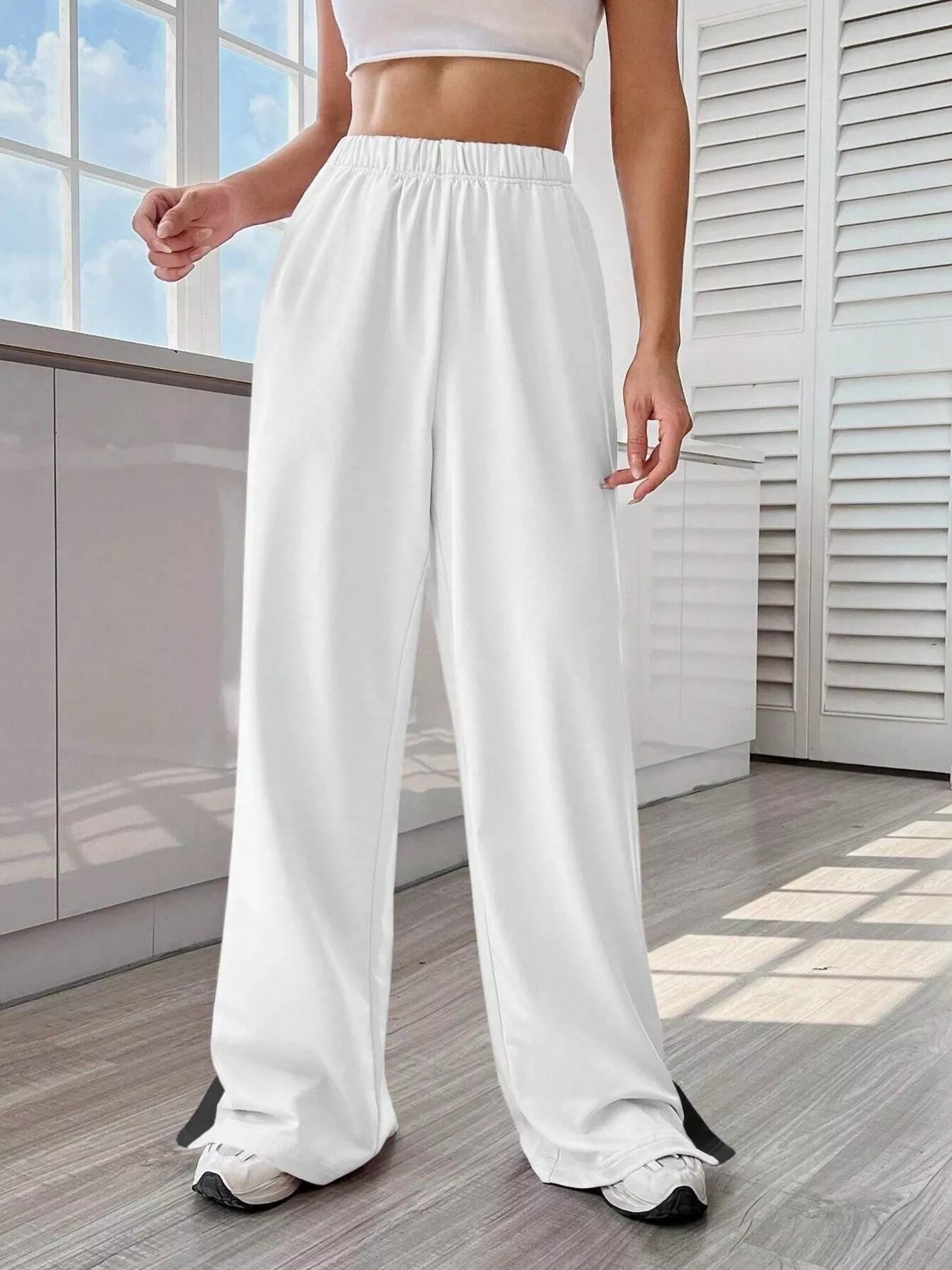 Sarah Express Women's Two-Tone Side Snap Wide Leg Pants White