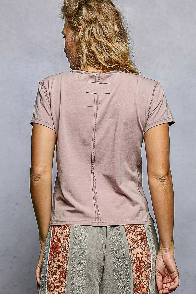 Sarah Express Women's Contrast Stitching T-Shirt - Round Neck Short Sleeve Cotton Tee