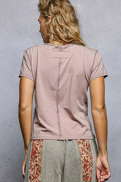 Sarah Express Women's Contrast Stitching T-Shirt - Round Neck Short Sleeve Cotton Tee