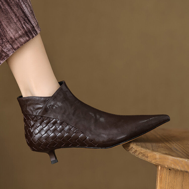 Sarah Express Women's Woven Full-Grain Sheepskin Ankle Boots | Pointed Toe Side Zipper Low Heel