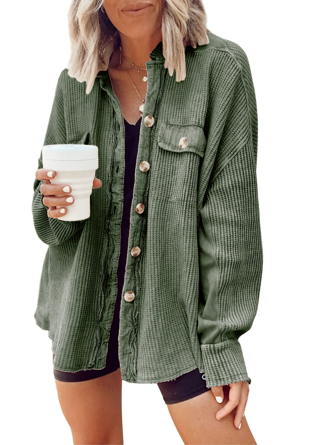 Sarah Express Patchwork Irregular Shirt Jacket Loose Fit Long Sleeve Acrylic Outerwear