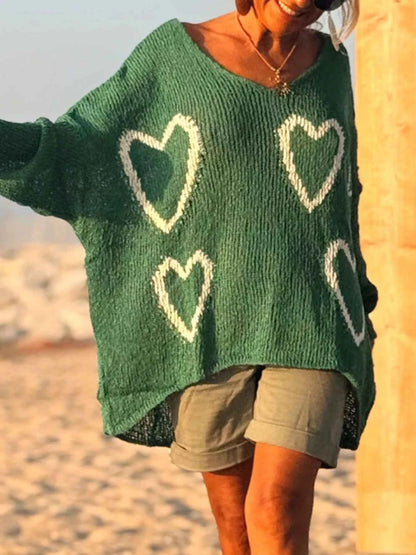 Sarah Express Women's Heart Pattern V-Neck Sweater Dropped Shoulder Openwork Knit