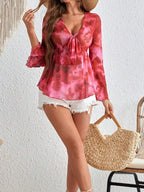 Sarah Express Women's Tie-Front Flare Sleeve Blouse