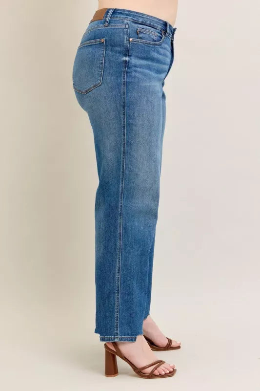 Sarah Express Women’s Plus Size High Rise Tummy Control Destroyed Wide Leg Jeans
