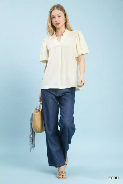 Sarah Express Women's Seersucker Puff Sleeve Blouse V-Neck Pleated Top