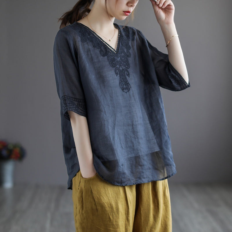 Sarah Express Women's Embroidered Cotton Linen V-Neck T-Shirt Ethnic Retro Style Short Sleeve