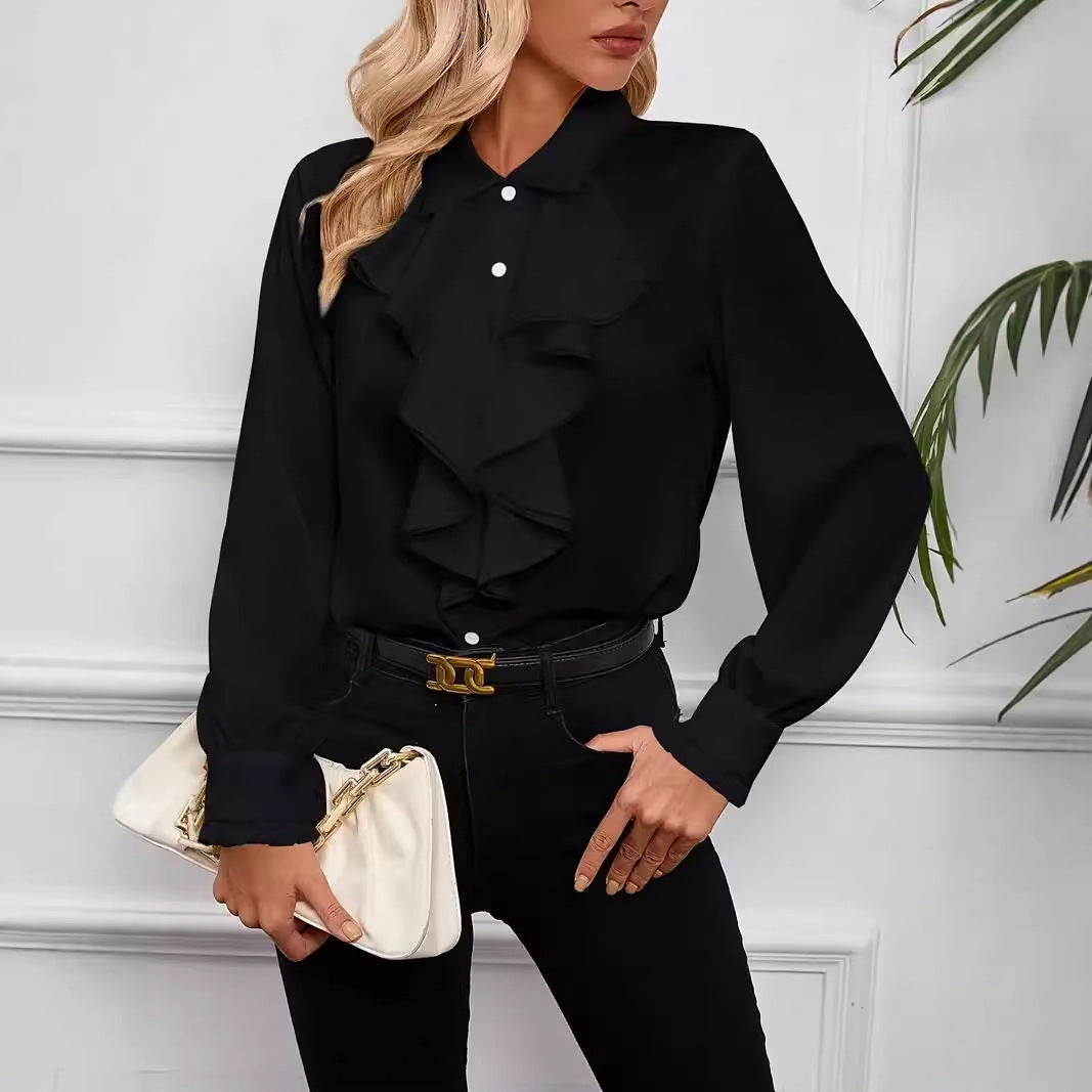 Sarah Express Women's Ruffled Long Sleeve Blouse Professional Work Shirt