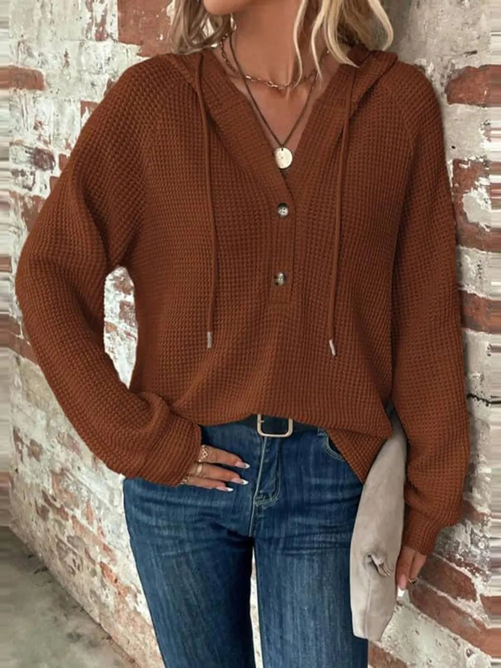 Sarah Express Women's Waffle Knit Long Sleeve Drawstring Hooded Top