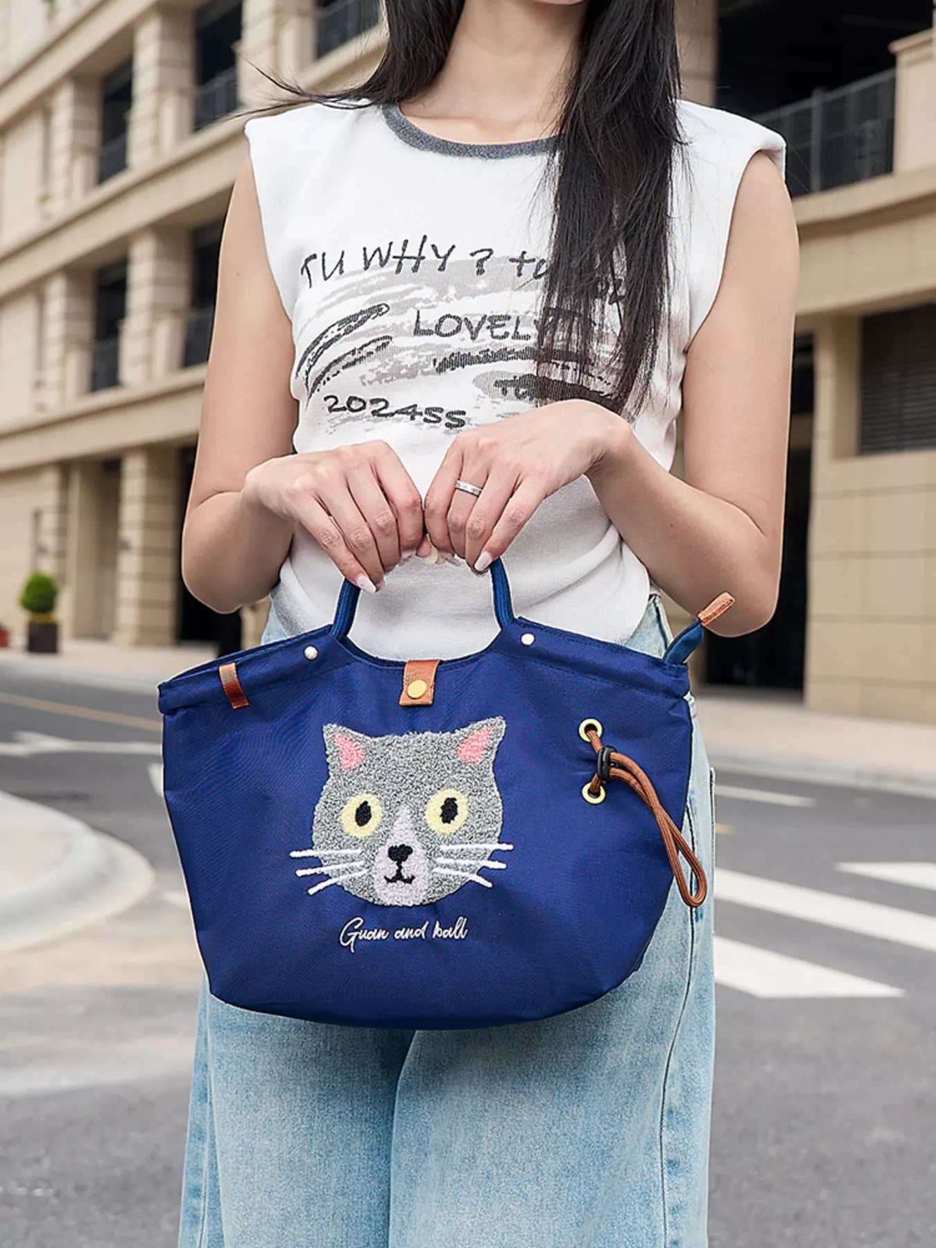 Sarah Express Women's Embroidered Cat Tote Bag with Adjustable Shoulder Strap