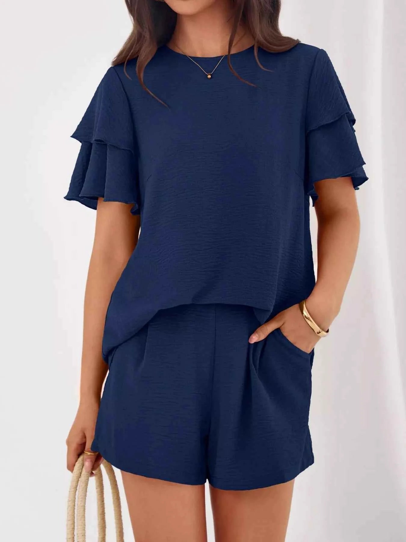 Sarah Express Women's Ruffle Sleeve Top and Shorts Two-Piece Set - Casual Summer Outfit Peacock Blue