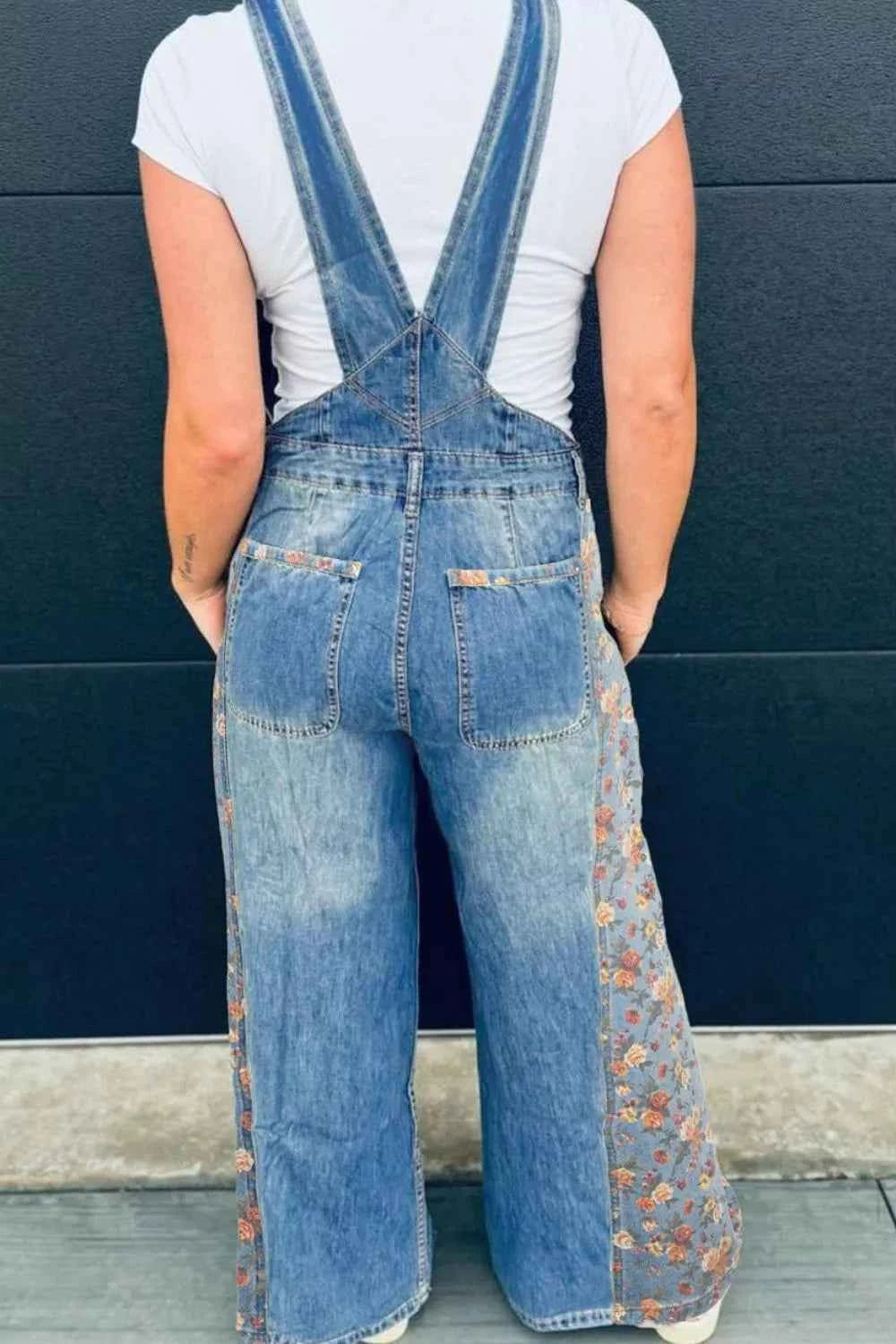 Sarah Express Women's Floral Wide Leg Denim Overalls - Casual Pocketed Jumpsuit