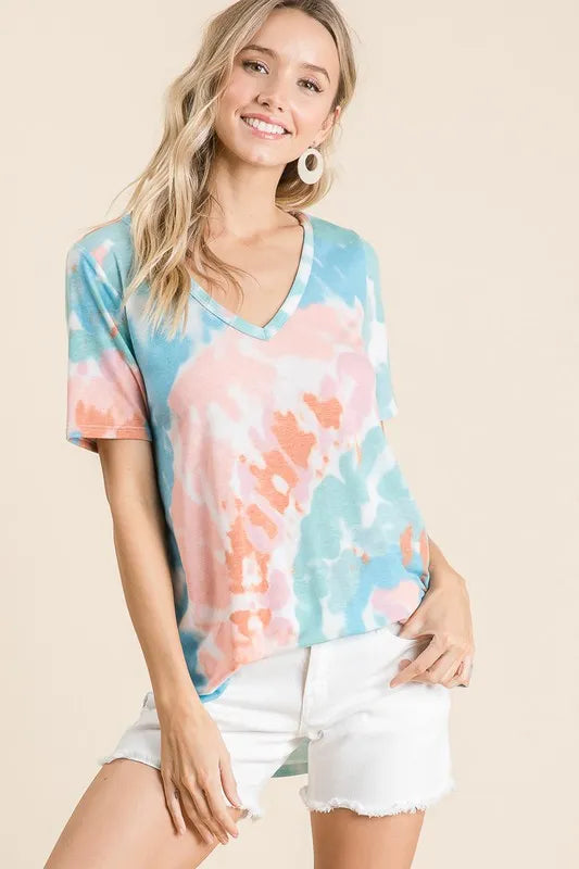 Sarah Express Women's Circular Tie Dye Print V Neck Top PINK MINT
