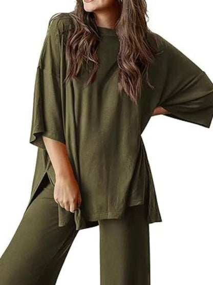 Sarah Express Relaxed Fit Round Neck Top and Pants Two-Piece Lounge Set