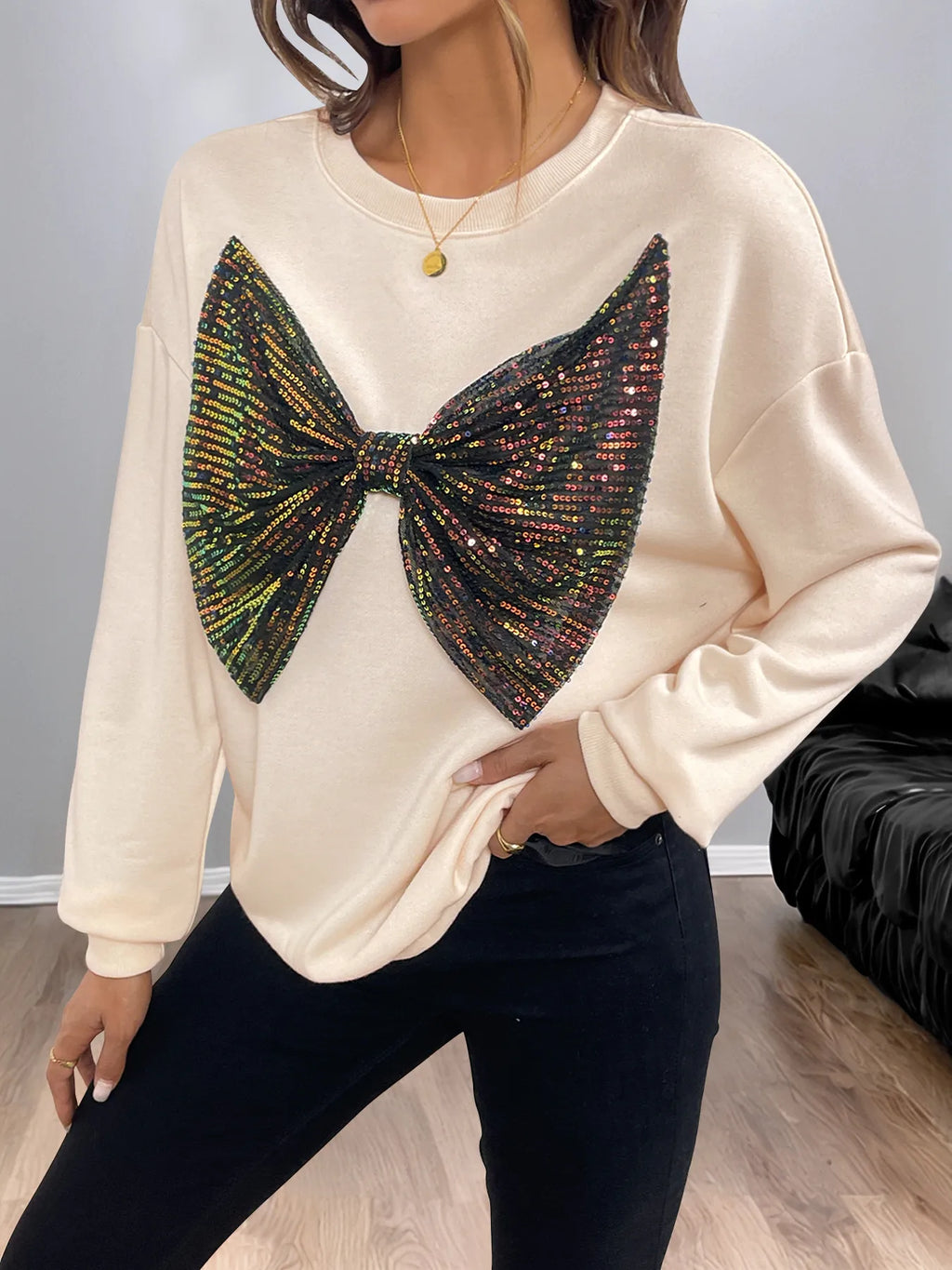Sarah Express Women's Sequined Bow Round Neck Sweatshirt