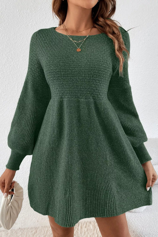 Sarah Express Women's Round Neck Long Sleeve Mini Dress Dark Green