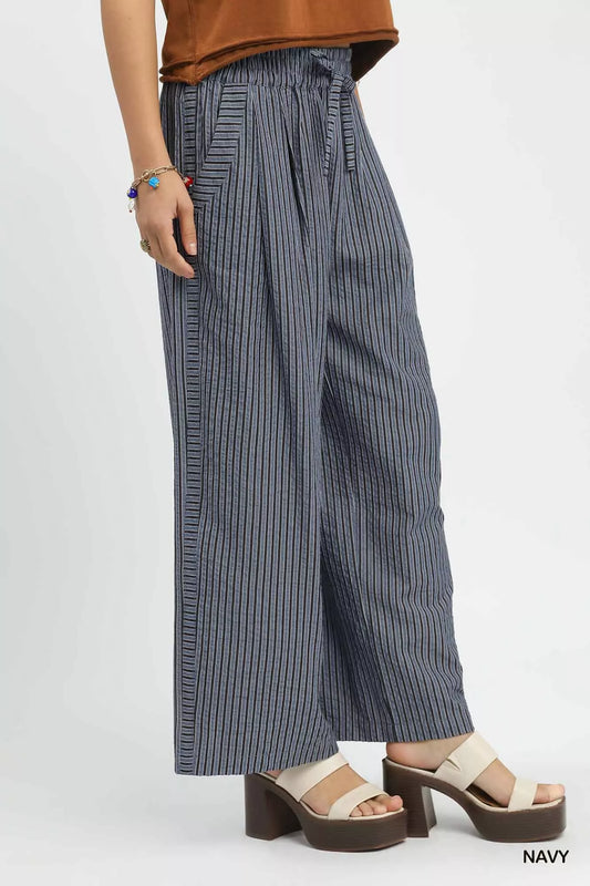 Sarah Express Women's Drawstring Striped Wide-Leg Pants