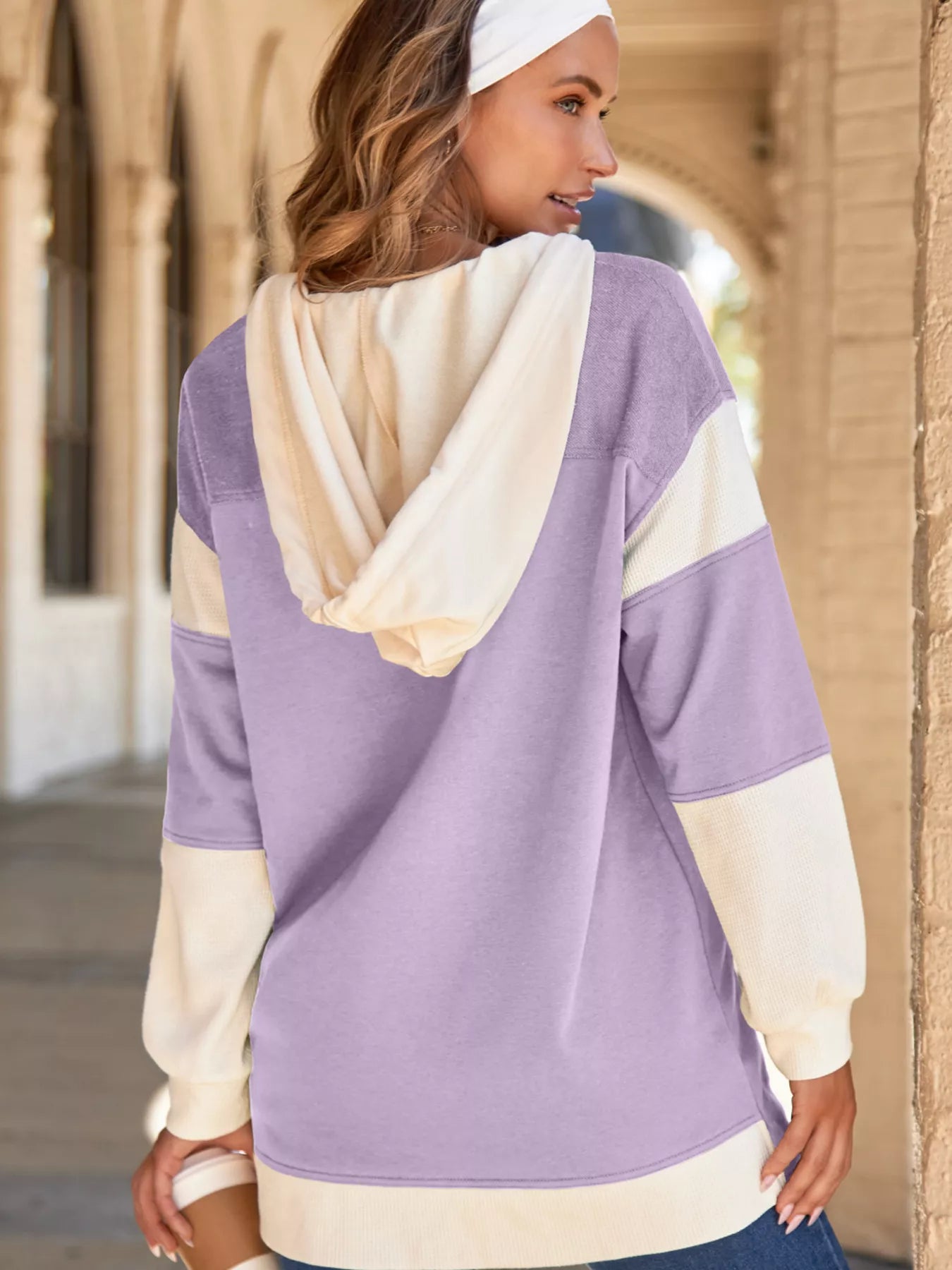 Sarah Express Women's Waffle Knit Color Block Patchwork Button Front Oversize Hoodie