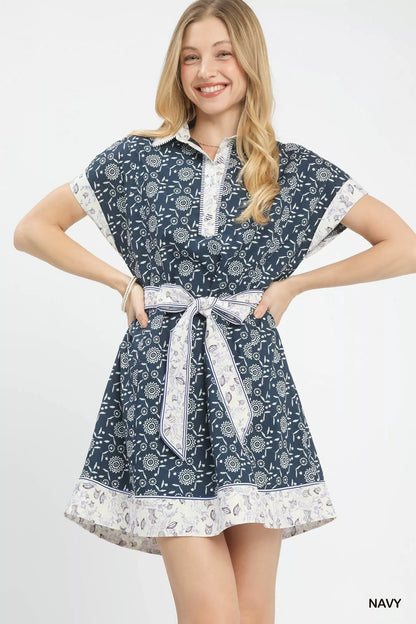 Sarah Express Women's Border Print Belted Shirt Dress NAVY