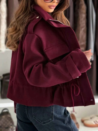 Sarah Express Women's Drawstring Button-Up Casual Jacket with Pockets