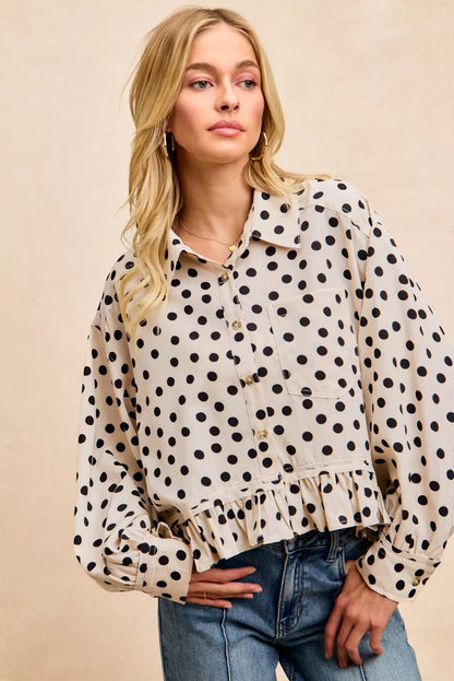 Sarah Express Women's Crinkle Polka Dot Ruffled Hem Button Up Shirt Top