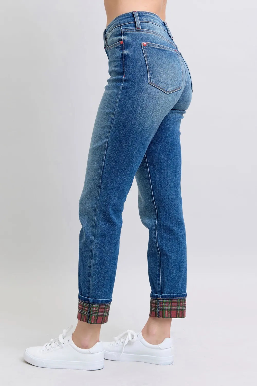 Sarah Express Women’s Plus Size Straight Leg Jeans with Plaid Cuff
